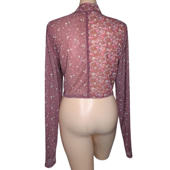 Sheer Mesh Pink Floral Top Women XL Y2K Fairy Grunge Coquette Romantic Stretch - Picture 2 of 5
